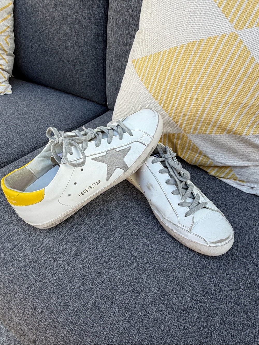 Golden Goose White Leather Sneakers with Gray Star and Yellow Heel size 9EU